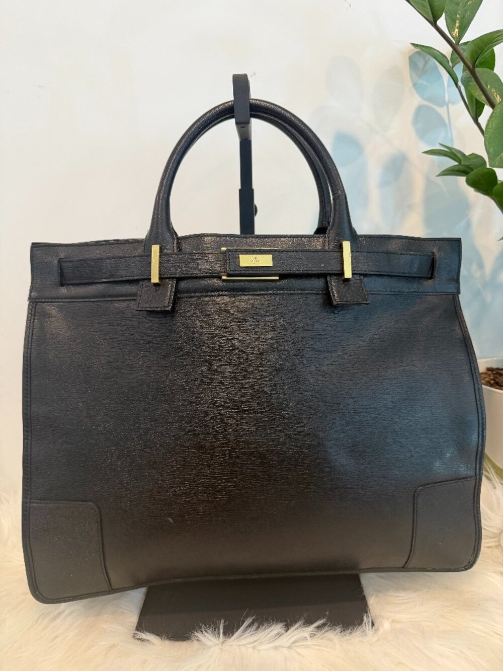 Vintage Gucci Black Structured Leather Tote Bag